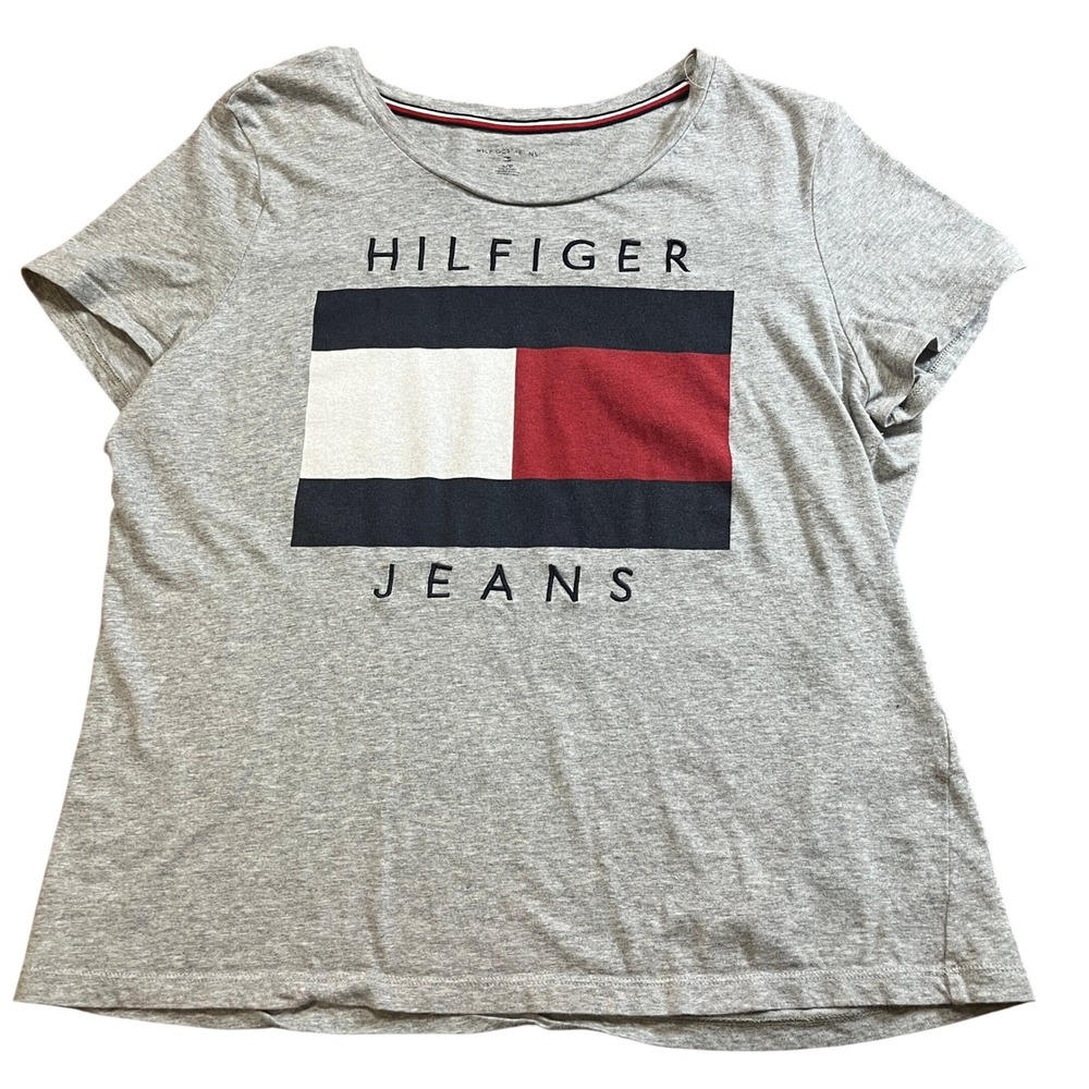 Tommy Hilfiger Jeans Women Sm Gray Logo Graphic Short Sleeve T Shirt Top Y2K Vtg